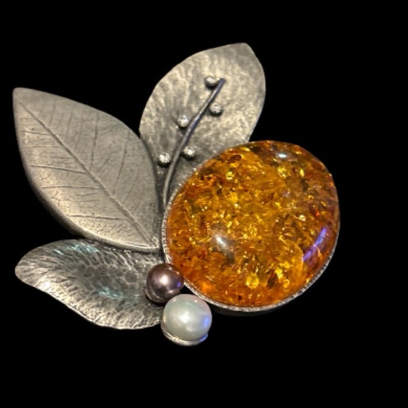 “LAGUNA” signed Silver Leaf Brooch with Honey Amber Stone - Picture 4 of 12